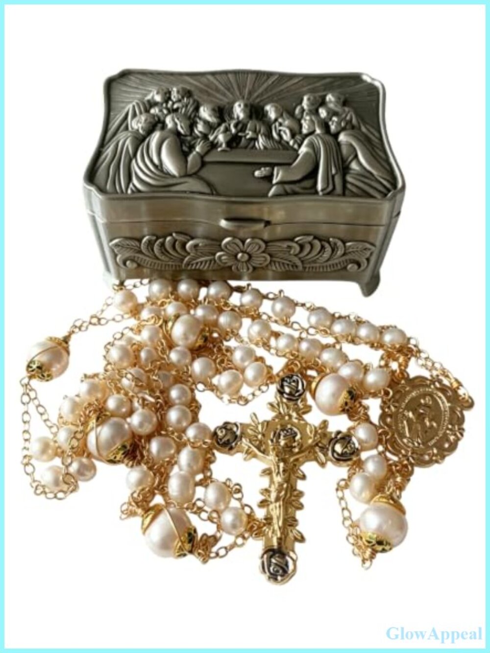 Handmade 18K Gold-Plated Pearl Rosary Necklace Crucifix Last Supper Box